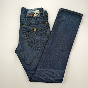 True Religion Blue Denim with Skull and Floral Embroidery Men 28 Rare Find